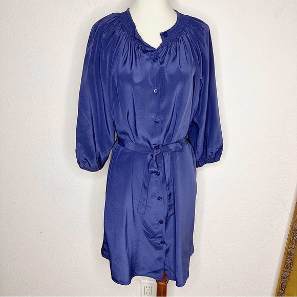 Tucker Classic Navy Blue Silk Tie Waist Elasticated Neckline Dress Size Medium - Picture 1 of 10